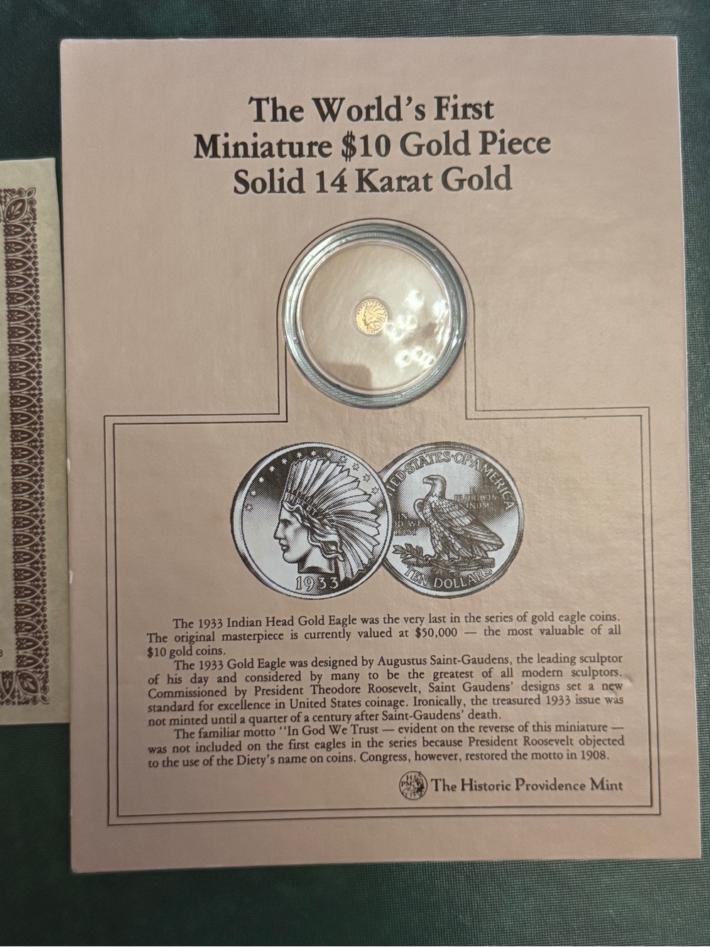 Historic Providence Mint 14K Gold Miniature $10 Coin